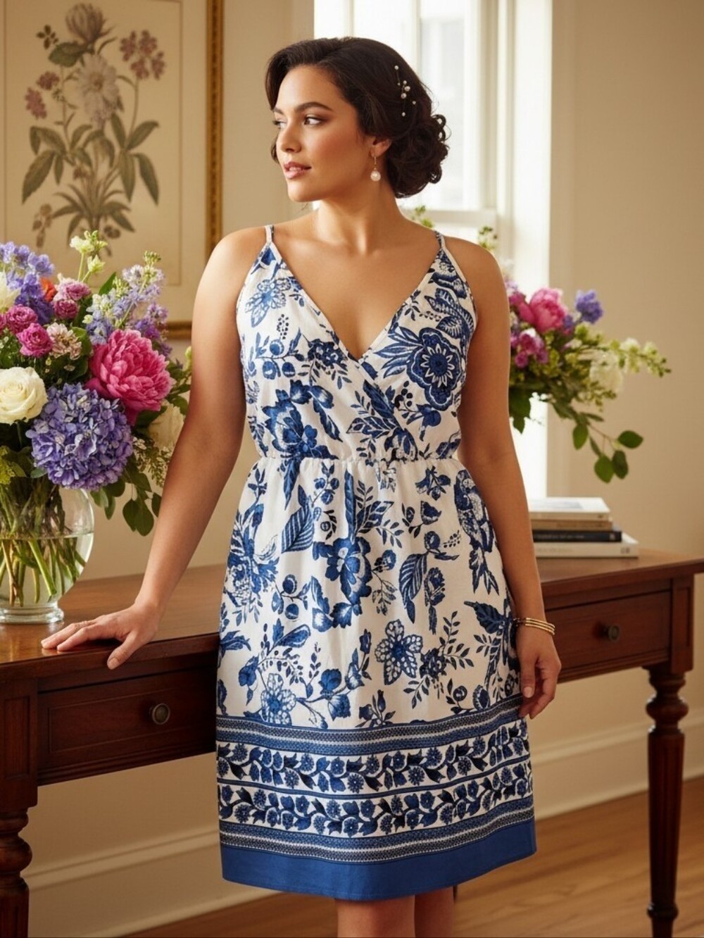 SHEIN Blue & White Bohemian Floral Spaghetti Strap V-Neck Mini Dress Size XL